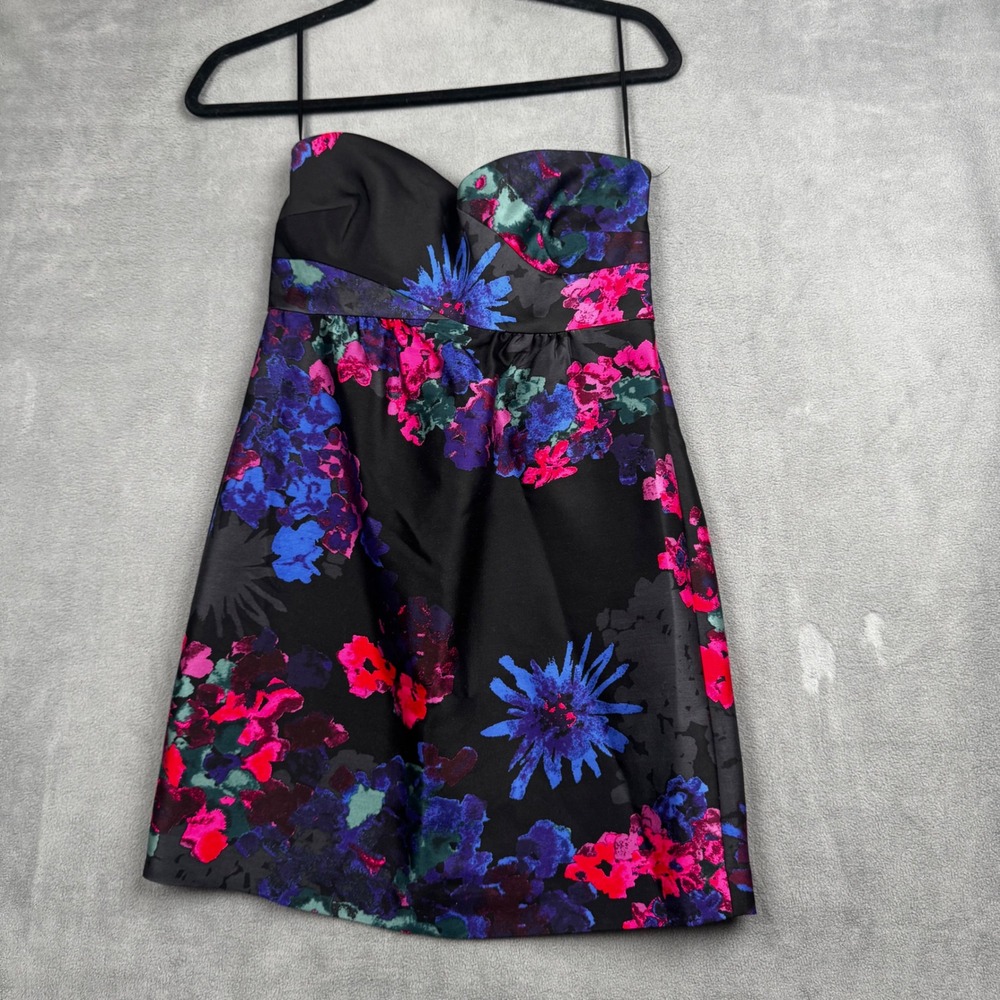 Tibi New York Silk Wool Floral Strapless Mini Dress Black Pink Blue Sweetheart